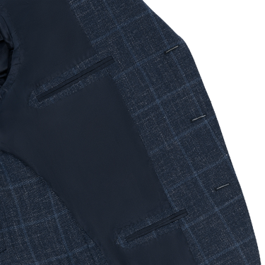 Single-Breasted Wool-Silk-Linen Checked Jacket in Blue – SARTALE Single-Breasted Wool-Silk-Linen Checked Jacket in Blue – SARTALE