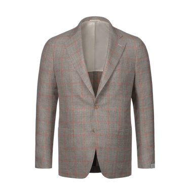 Single-Breasted Wool-Silk-Linen Checked Jacket in Light Taupe and Pink Orange