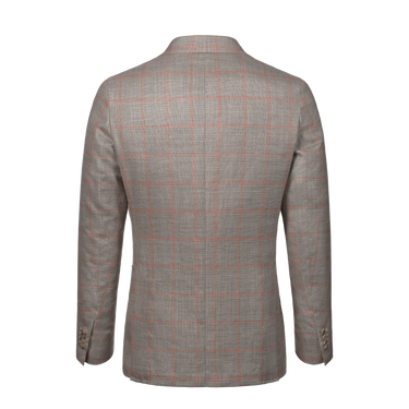 Single-Breasted Wool-Silk-Linen Checked Jacket in Light Taupe and Pink Orange