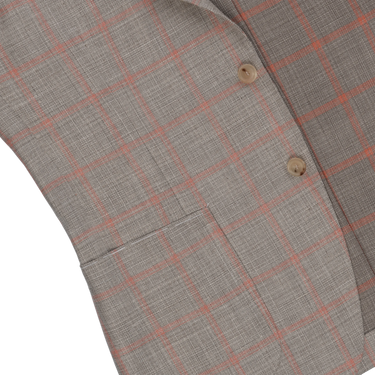 Single-Breasted Wool-Silk-Linen Checked Jacket in Light Taupe and Pink Orange