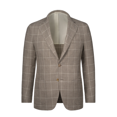 Single-Breasted Wool-Silk-Linen Checked Jacket in Taupe Melange