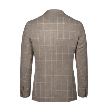Single-Breasted Wool-Silk-Linen Checked Jacket in Taupe Melange