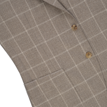 Single-Breasted Wool-Silk-Linen Checked Jacket in Taupe Melange