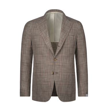 Single-Breasted Wool-Silk-Linen Checked Jacket in Brown and Cream