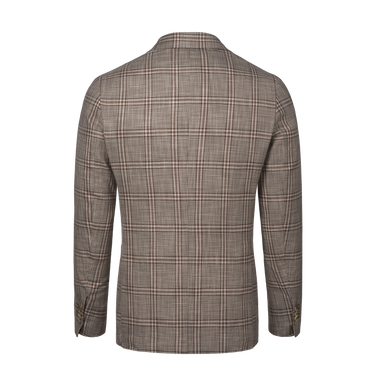 Single-Breasted Wool-Silk-Linen Checked Jacket in Brown and Cream