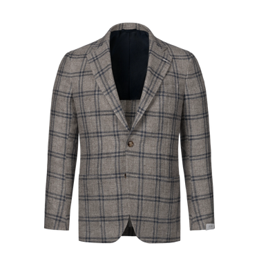 Single-Breasted Wool Checked Jacket in Taupe Melange and Dark Blue