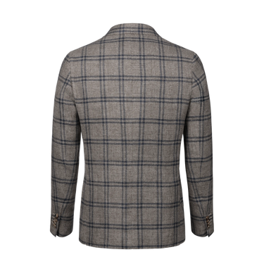 Single-Breasted Wool Checked Jacket in Taupe Melange and Dark Blue