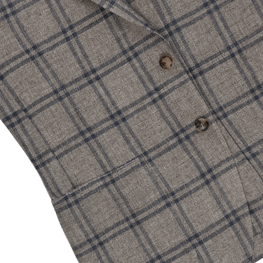 Single-Breasted Wool Checked Jacket in Taupe Melange and Dark Blue