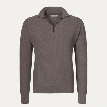 Ribbed Wool Zip-Up Sweater in Taupe Grey