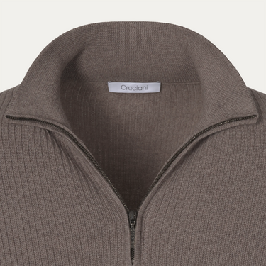Ribbed Wool Zip-Up Sweater in Taupe Grey