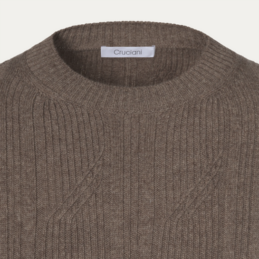 Wool and Cashmere Ribbed Crewneck Sweater in Dark Taupe