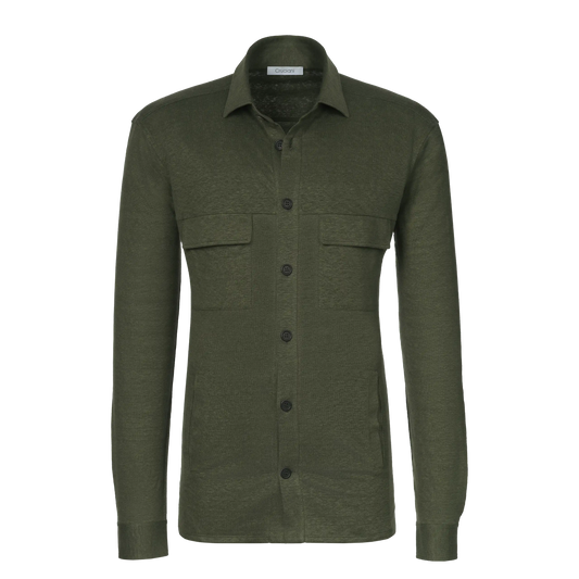 Cruciani Linen Shirt in Dark Green with button-down front and chest pockets, ideal for Spring/Summer 25 menswear collections.