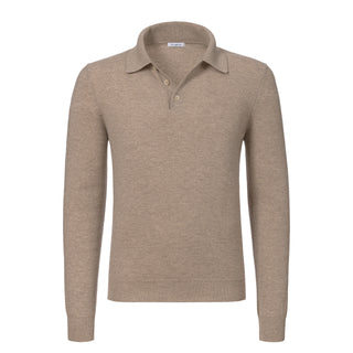 Malo UXD125 F1KO2 E3294 cashmere sweater polo shirt in beige melange with long sleeves and ribbed hem, ideal for FW24/25 knitwear collections.