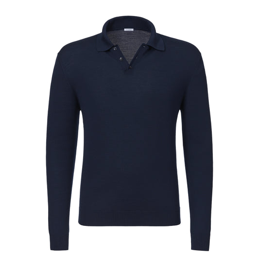 Virgin Wool Sweater Polo Shirt in Navy Blue