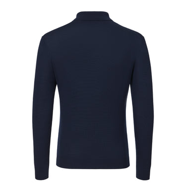 Back view of Malo Virgin Wool Sweater Polo Shirt in navy blue, showcasing fine knitwear craftsmanship and minimalist design for MidSeason25 fashion.