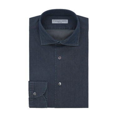 Front view of Richard J. Brown cotton denim dark blue shirt showcasing button-down design and premium fabric texture.