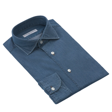 Richard J. Brown Cotton Denim Blue Shirt neatly folded with visible white buttons and classic collar, ideal for summer fashion at SARTALE.