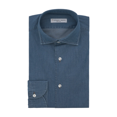 Front view of Richard J. Brown Cotton Denim Blue Shirt showcasing premium stitching and minimalist design, perfect for SS25 wardrobe.