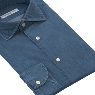 Close-up of Richard J. Brown Cotton Denim Blue Shirt highlighting fine cotton texture, button details, and refined craftsmanship for MidSeason25.