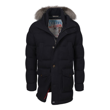 Kired Hooded Down Winter Jacket in Blue with fur-trimmed hood and front button closure, available at SARTALE for FW24/25 outerwear collection.