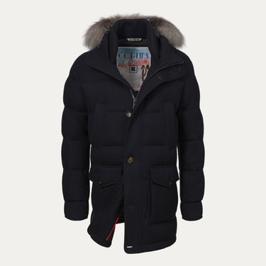 Kired Hooded Down Winter Jacket in Blue with fur-trimmed hood and front button closure, available at SARTALE for FW24/25 outerwear collection.