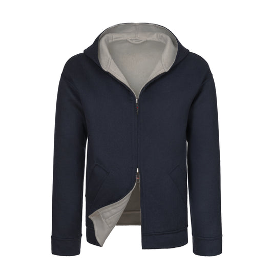 Reversible Cashmere Hooded Jacket in Light Grey and Blue