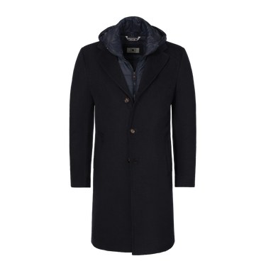 Abrigo con capucha en azul oscuro con inserción desmontable de protección contra el viento