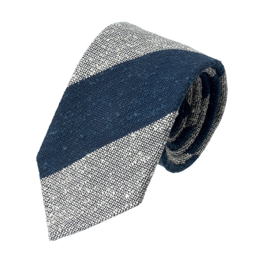 Cesare Attolini Regimental Textured Silk and Cotton - Blend Tie in Blue and White - SARTALE