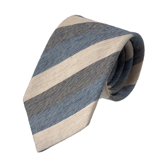 Cesare Attolini Striped Silk and Linen - Blend Tie in Beige, Blue and Grey - SARTALE