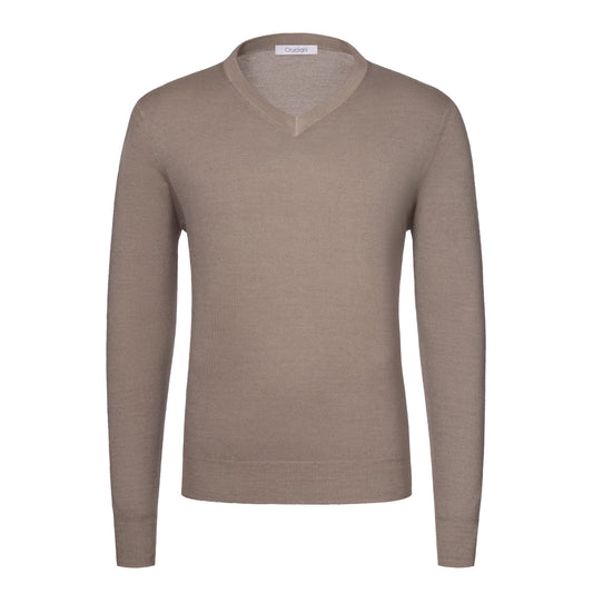 Cruciani Cashmere and Silk V - Neck Sweater in Caramel Brown - SARTALE