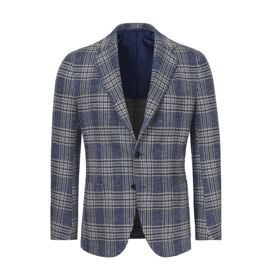 De Petrillo Single - Breasted Wool - Silk Blend Jacket in Blue Check - SARTALE
