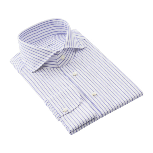 Emanuele Maffeis Striped Cotton White and Blue Shirt with Shark Collar - SARTALE
