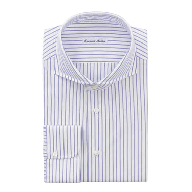Emanuele Maffeis Striped Cotton White and Blue Shirt with Shark Collar - SARTALE