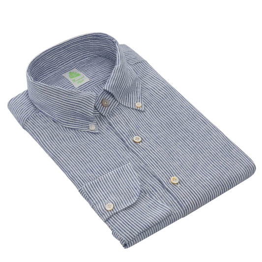 Finamore Button - Down Linen Shirt in White and Blue - SARTALE