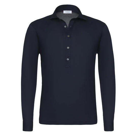 Gran Sasso Cotton Polo Shirt in Navy Blue with Long Placket - SARTALE