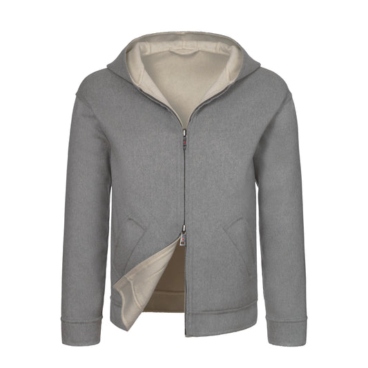 Kired Reversible Cashmere Hooded Jacket in Light Grey and Beige - SARTALE
