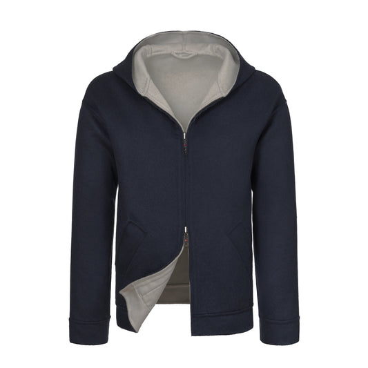 Kired Reversible Cashmere Hooded Jacket in Light Grey and Blue - SARTALE