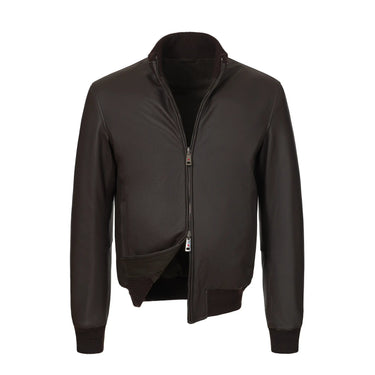 Kired Reversible Leather Bomber Jacket in Dark Brown - SARTALE