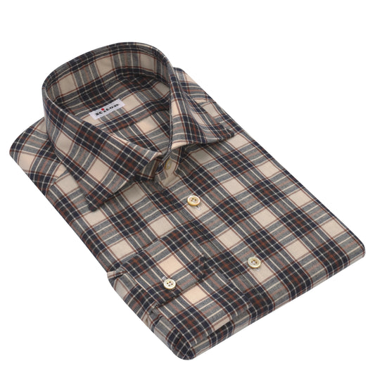 Kiton Checked Cotton Shirt in Vanilla Cream and Light Brown - SARTALE