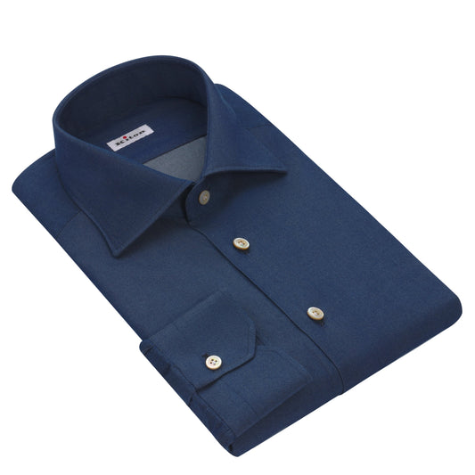 Kiton Cotton Shirt in Denim Dark Blue with Angled Cuffs - SARTALE