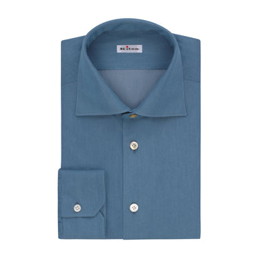 Kiton Denim Cotton Shirt in Blue with Angled Cuffs - SARTALE
