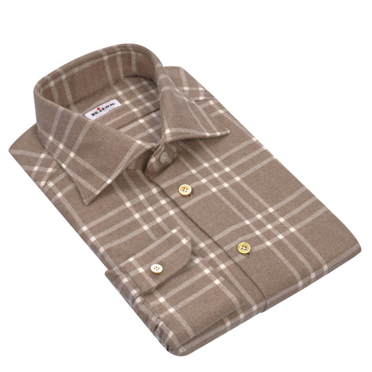 Kiton Flannel Plaid Cotton Shirt in Caramel Brown and Milk White - SARTALE