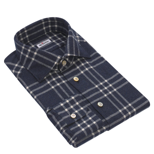 Kiton Flannel Plaid Cotton Shirt in Dark Blue and White - SARTALE