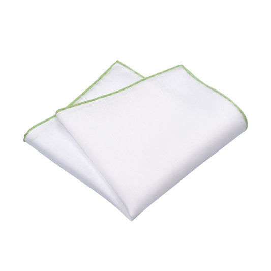 Simonnot Godard Cotton - Linen Pocket Square in White and Light Green - SARTALE
