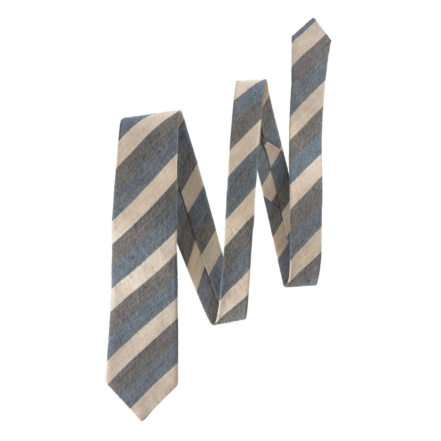 Striped Silk and Linen-Blend Tie in Beige, Blue and Grey
