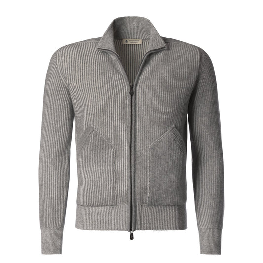 Piacenza Cashmere Ribbed Cashmere Zip-Up Cardigan in Grey - SARTALE