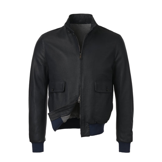 Alfredo Rifugio Leather Bomber Jacket in Dark Blue - SARTALE