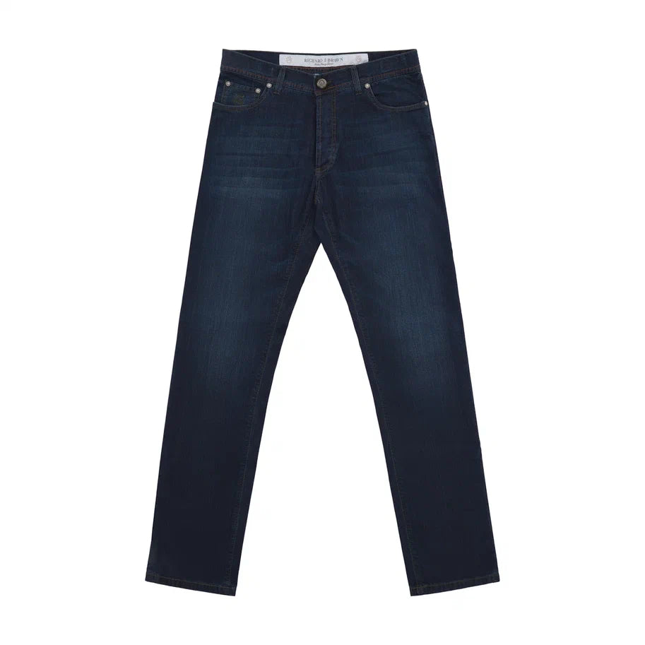 Regular Fit Jeans aus japanischem Stretch-Denim mit 5 Taschen in Denim Blu