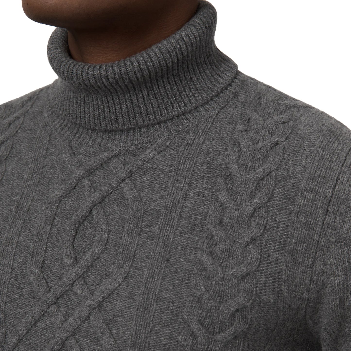 Turtleneck Cable-Knit Wool and Cashmere-Blend Sweater in Grey