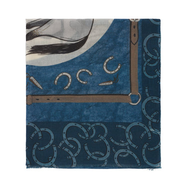 Bontoni Fringed Cashmere Scarf with Horse Print in Blue - SARTALE